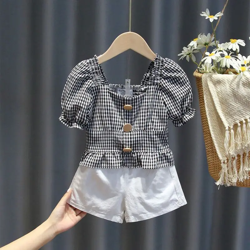 

Girls' Summer Short Sleeved Sets Korean Children's Clothing 2023 New Square Collar Plaid Printed Patchwork Button Two Piece Set