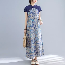2026 summer new vintage patchwork cotton linen qipao chinese ethnic style stand collar button qipao dainty printing loose dress