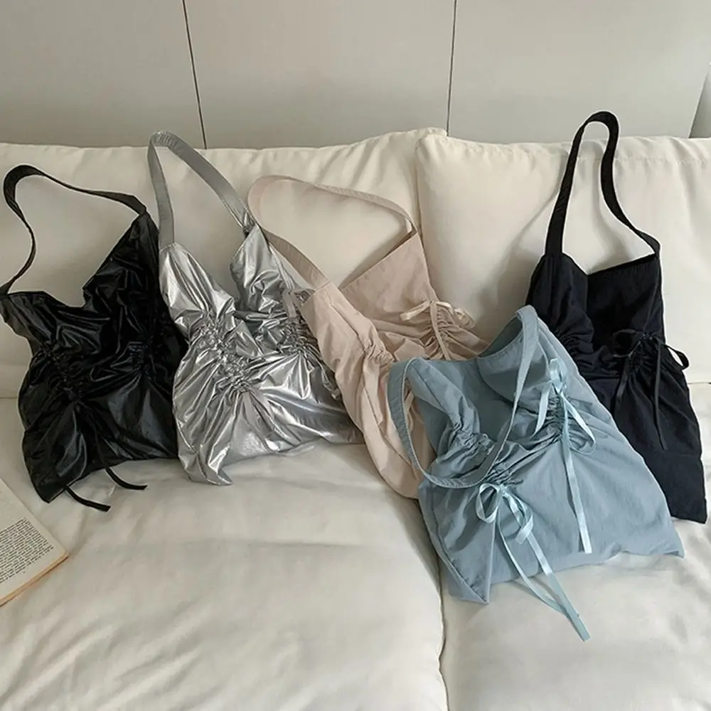 

Cute Korean Style Bow Drawstring Bag Bowknot Commute Nylon Ruched Shoulder Bag Niche Design Solid Color Silver Tote Bag Women