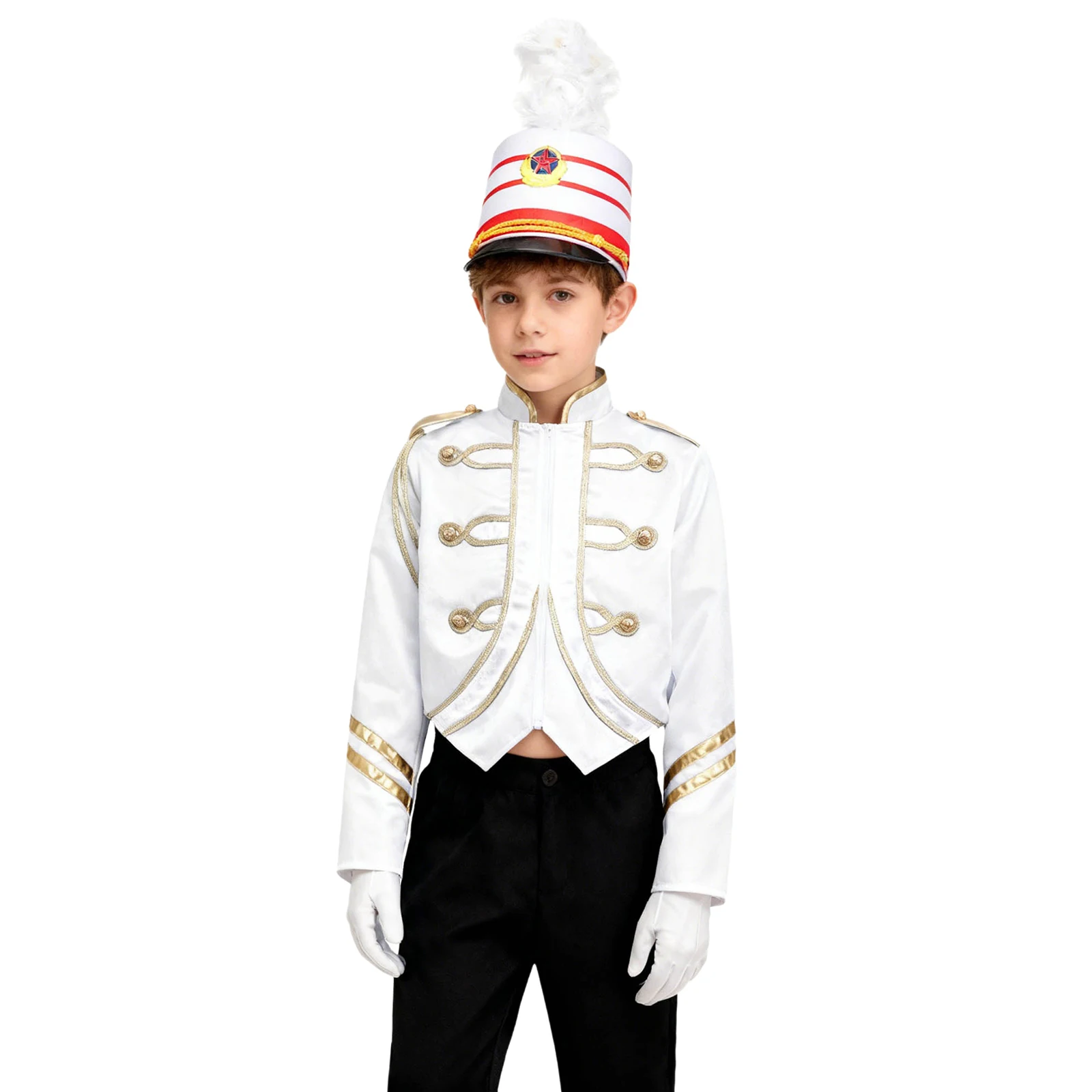 Kids Boys Drum Major Trumpet Honor Guard Team Circus Uniform Jacket Coat with Feathered Hat Gloves Marching Band Party Outfit