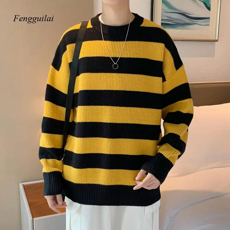 Autumn Winter Knitted Striped Sweater Men Casual Oversized Pullovers Sweaters Loose Warm Jumper Streetwear Teen Knitwear