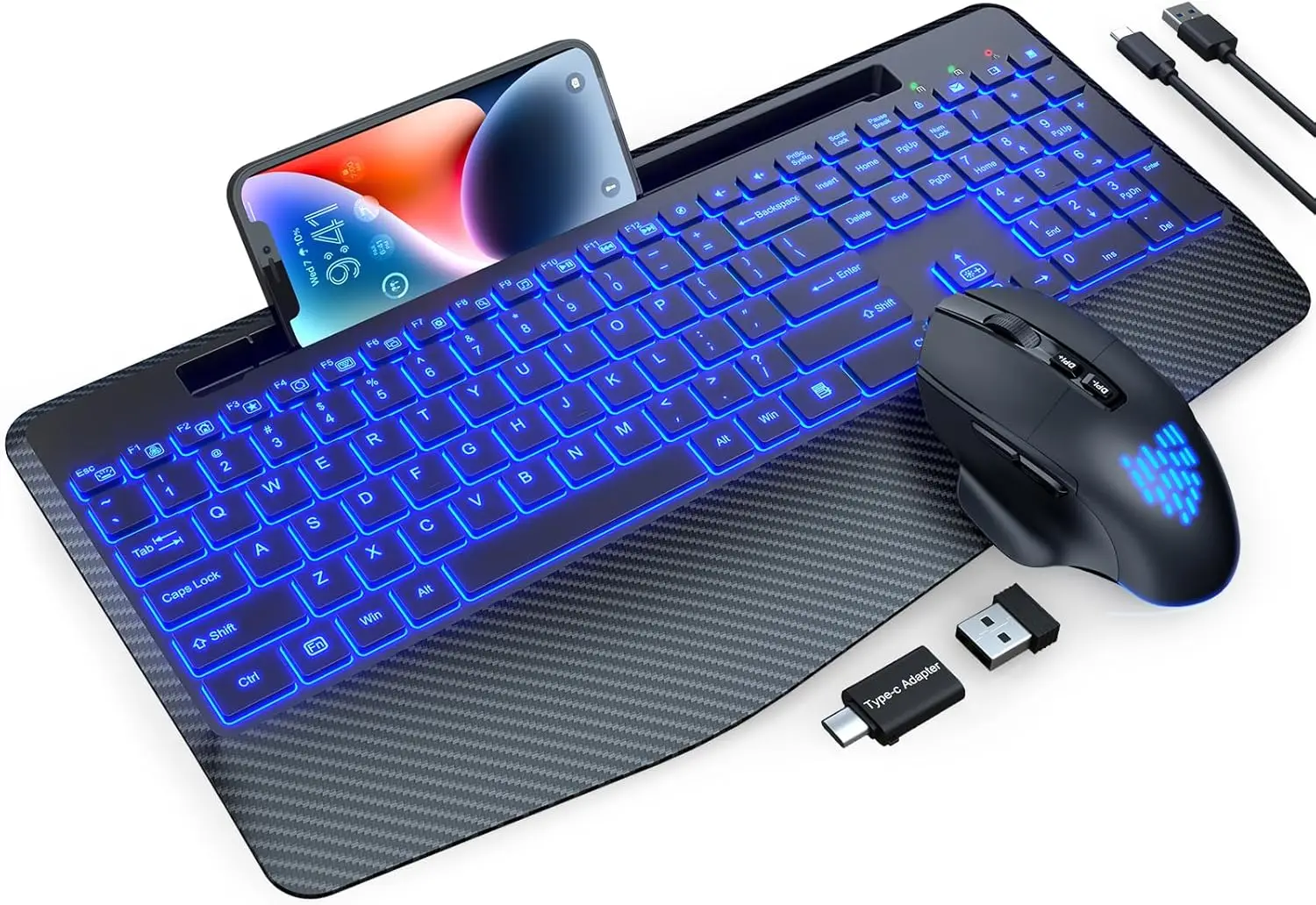 

Rechargeable Wireless Keyboard Mouse Combo with Backlit Keys, Wrist Rest, Phone Holder for PC Laptop
