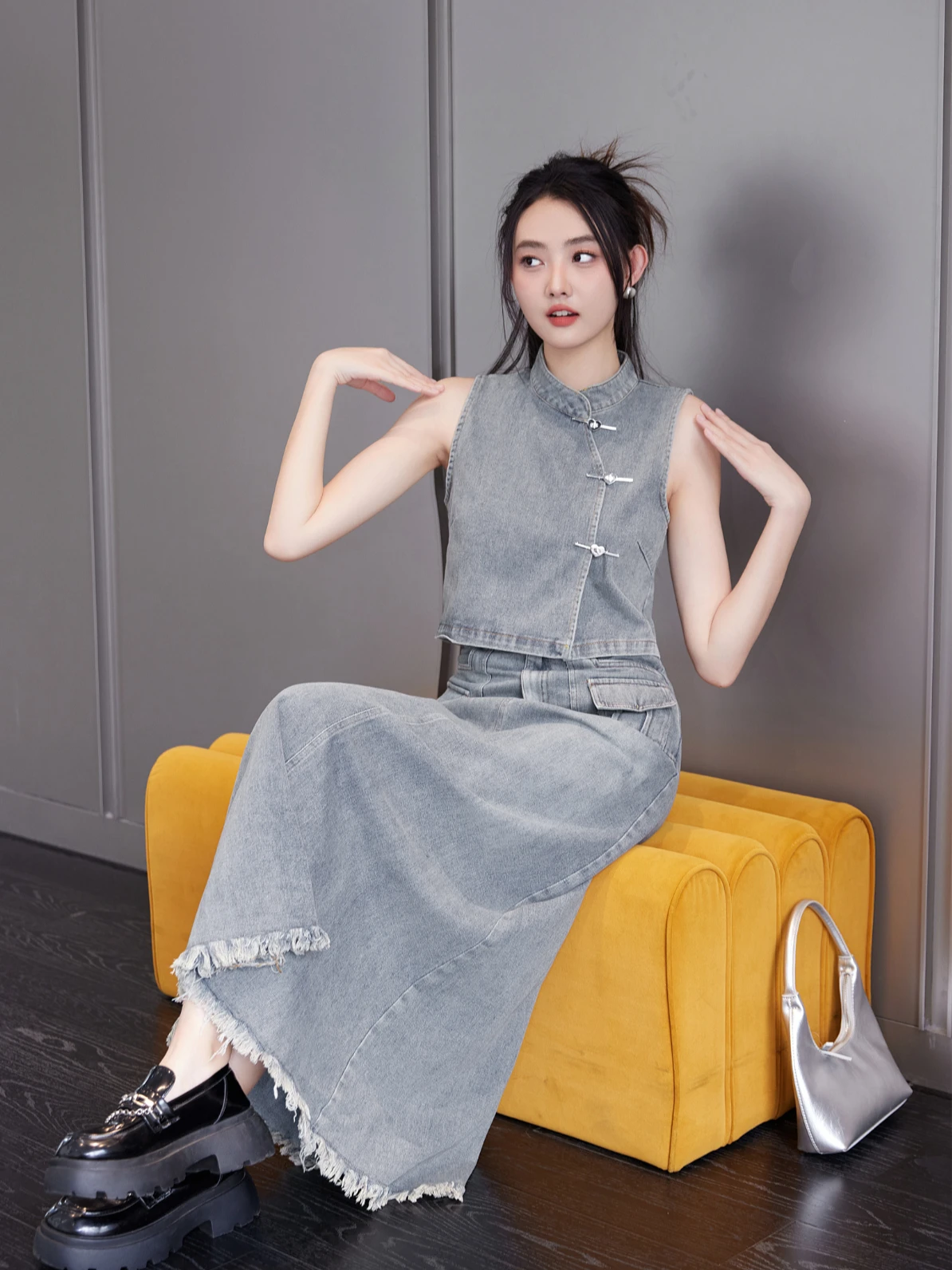 CHEERART Vintage Fringe Denim Two Piece Sets Summer Outfits For Women 2023 Long Skirt And Sleeveless Top Jean Outfit