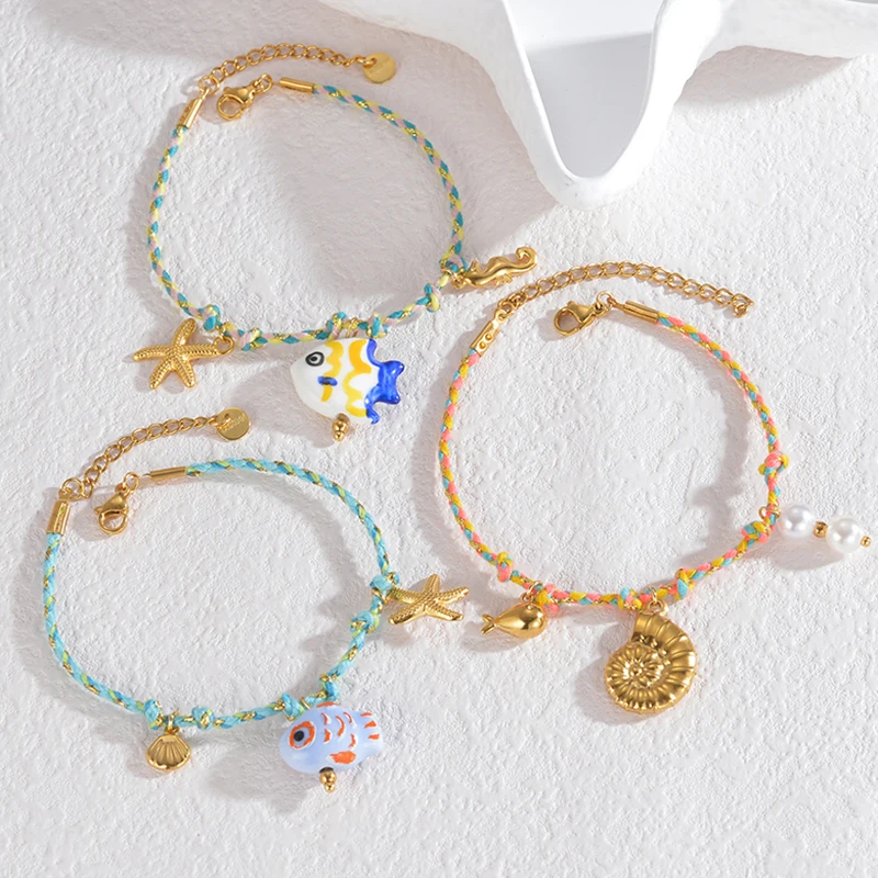 Letdiffery Bohemian Ocean Style Woven Rope Bracelet Stainless Steel Starfish Seahorse Whale Shell Charms Bracelet Beach Jewelry