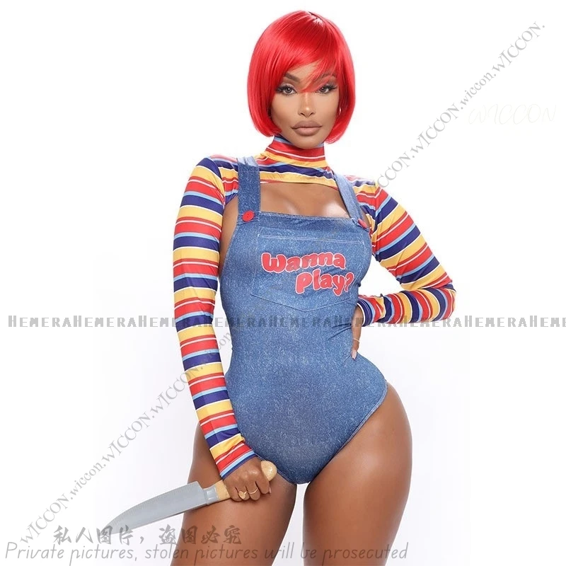 Chucky Halloween Costumes for Women Scary Nightmare Cos Killer Wanna Play Movie Character Bodysuit Chucky Costume Halloween Set