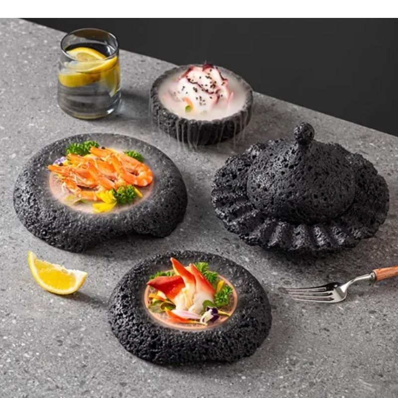 Meteorite Textured Cement Dining Plate Barbecue Dry Ice Sashimi Plates Sushi Dish Dessert Specialty Tableware