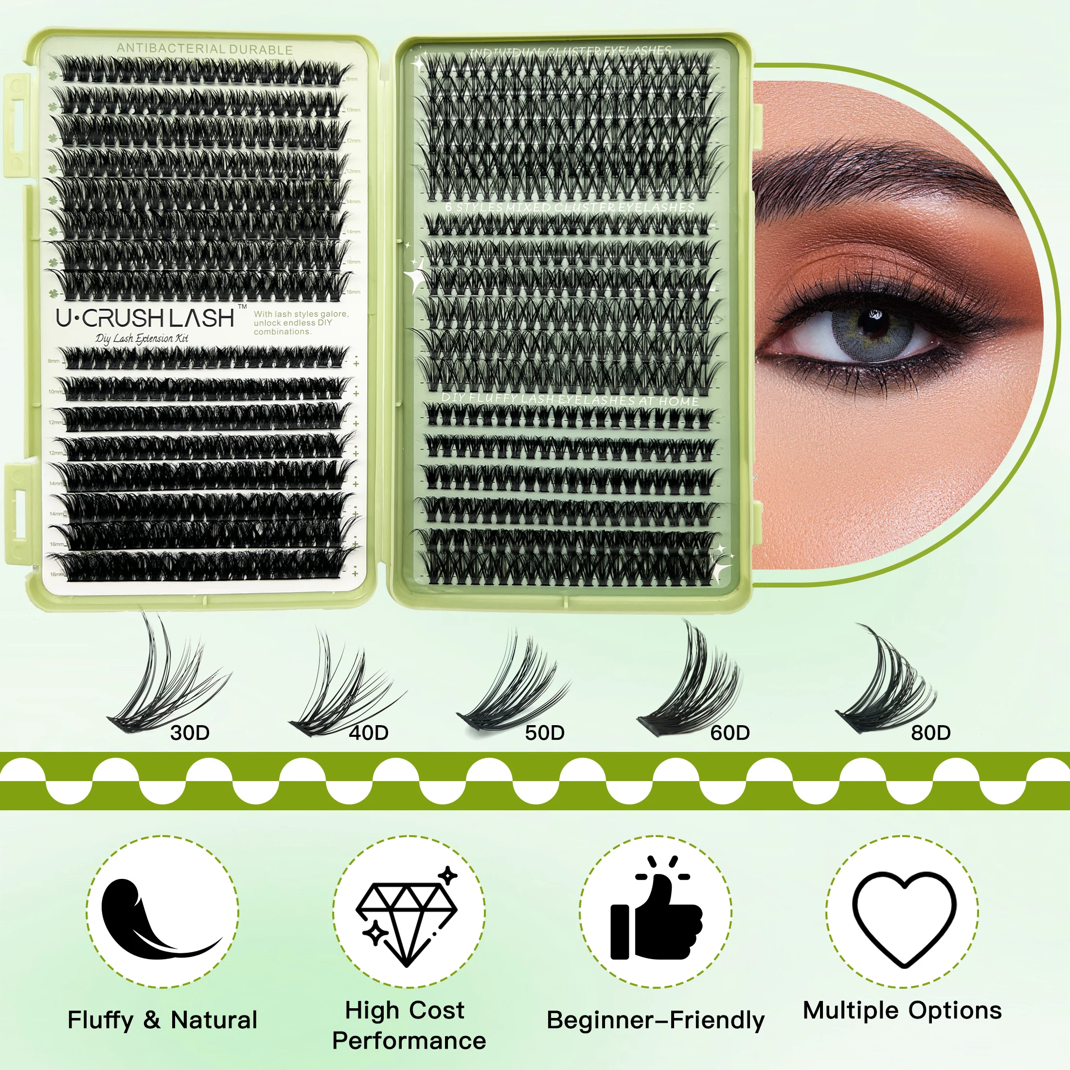 560枚入りまつげブック 30D40D50D6080D 大容量クラスターキット、ピンセット、グルーリムーバー付き、ホームユースDIYメガボリュームラッシュセット