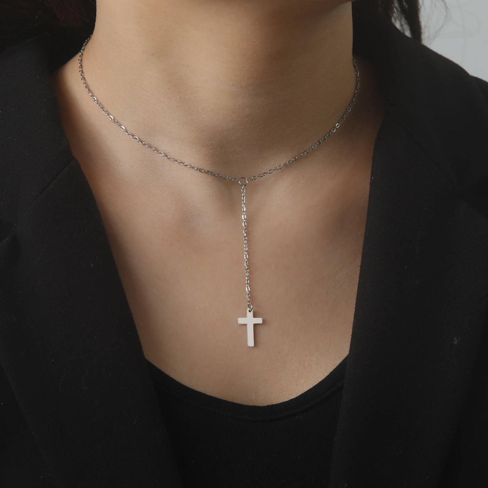 Skyrim Cross Pendant Long Tassel Necklace Women Stainless Steel Gold Color Neck Chain Jesus Christian Crucifix Jewelry Gift New