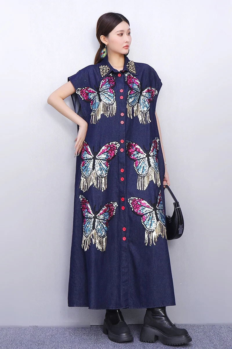 2025 Herfst Nieuwe Elegante Mode Vrouwen Denim Losse Shirts Lange Jurken Vrouwelijke Lange Mouw Jurk Groothandel J2022