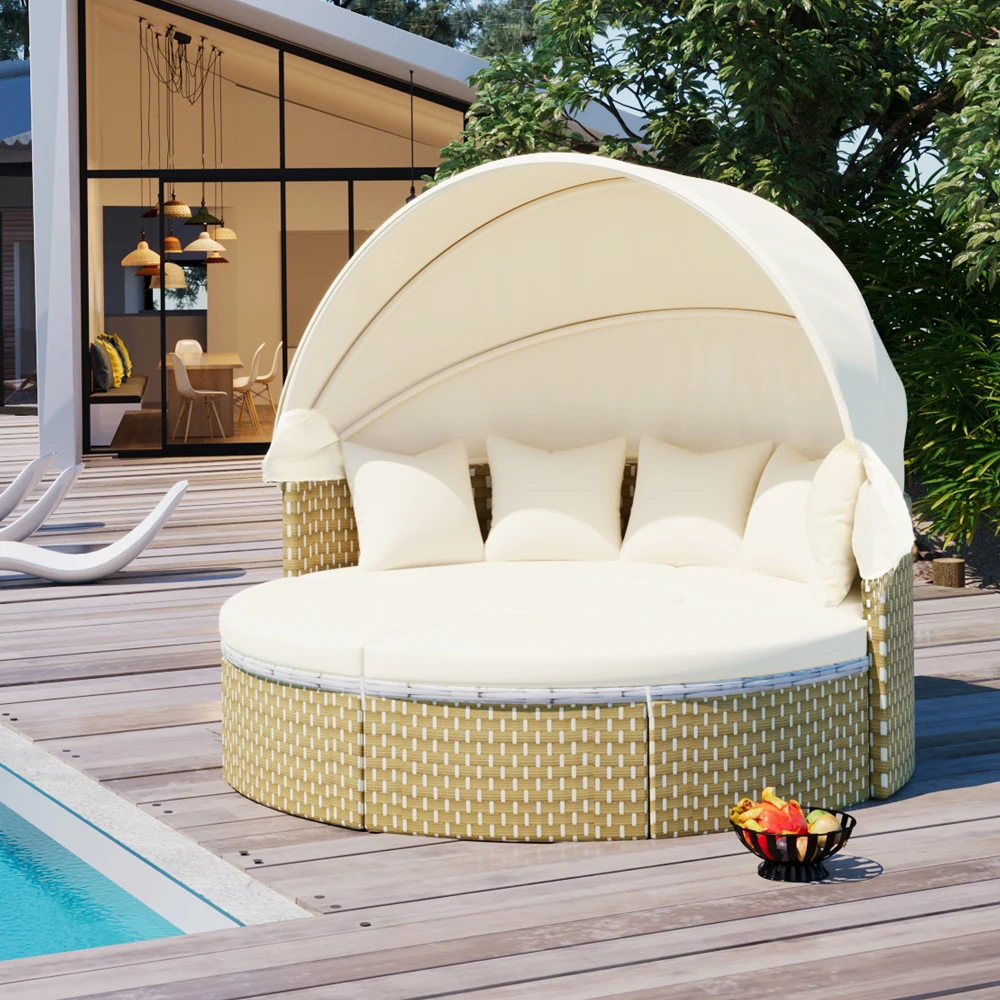 Patio Furniture Round Outdoor Sectional Sofa Set Rattan Daybed Weave Sunbed Retractable Canopy Separate Patio Furniture Sets