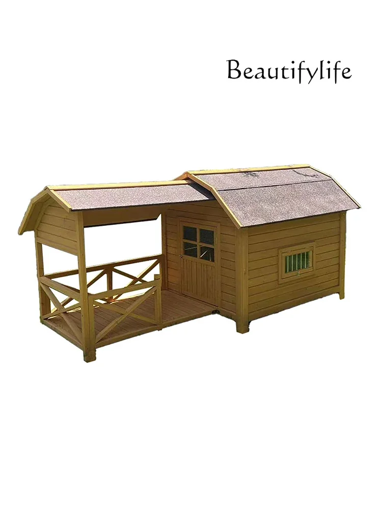 

Outdoor Dog House Air Conditioning Villa Solid Wood Oversized Balcony Space Large Dog Four Seasons Universal Kennel