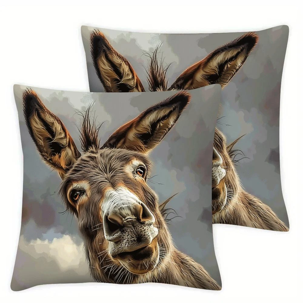 2pcs donkey face cushion cover, 2D flat animal print pillowcase, zipper sealing, decorative cushion cover for home and car use