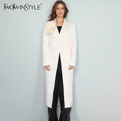 TWOTWINSTYLE Solid Patchwork Appliques Long Blazers For Women V Neck Long Sleeve Loose Minimalist Elegant Coat Female Fashion