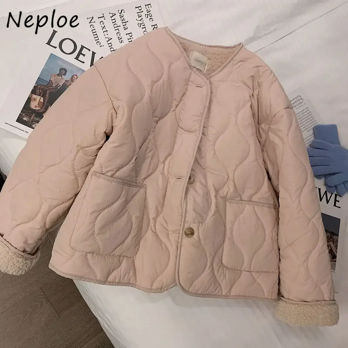 Neploe Berber Fleece Panelled Sweet All-match Parkas 2024 Winter New Warm Women Clothing Korea Elegant Chic Plaid Casual Jacket