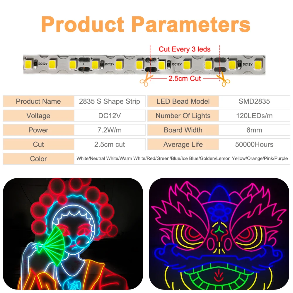 Imagem -02 - Fita Led para Faça Você Mesmo Flexível Dobrável Dobrável Fita Separado Silicone Neon dc 12v 2835 mm 120 Leds por m mm mm Largura