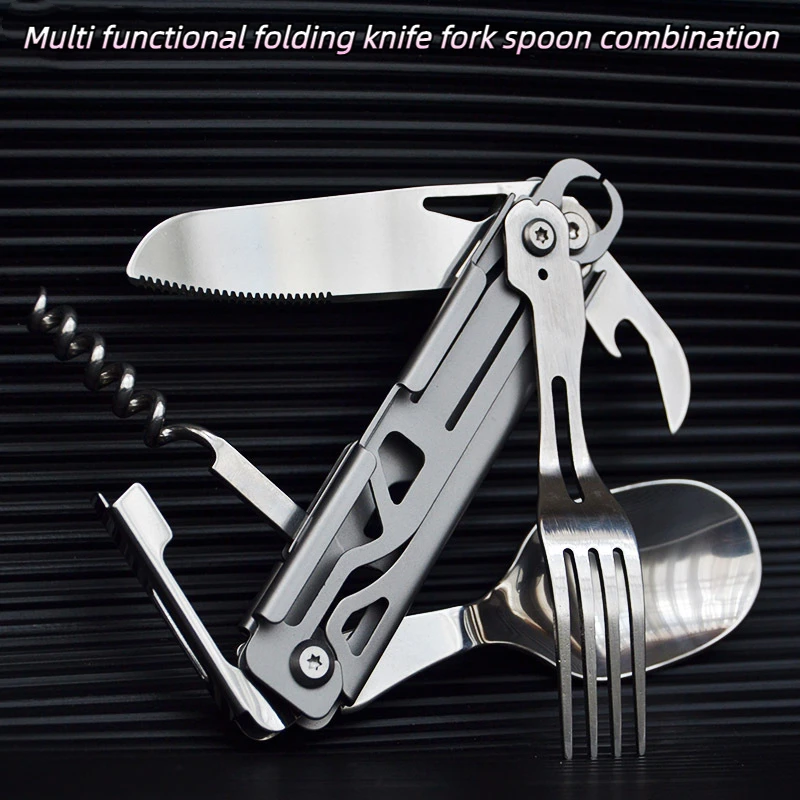 

Portable folding knife fork spoon combination, travel multifunctional outdoor camping tableware, dining knife bottle opener