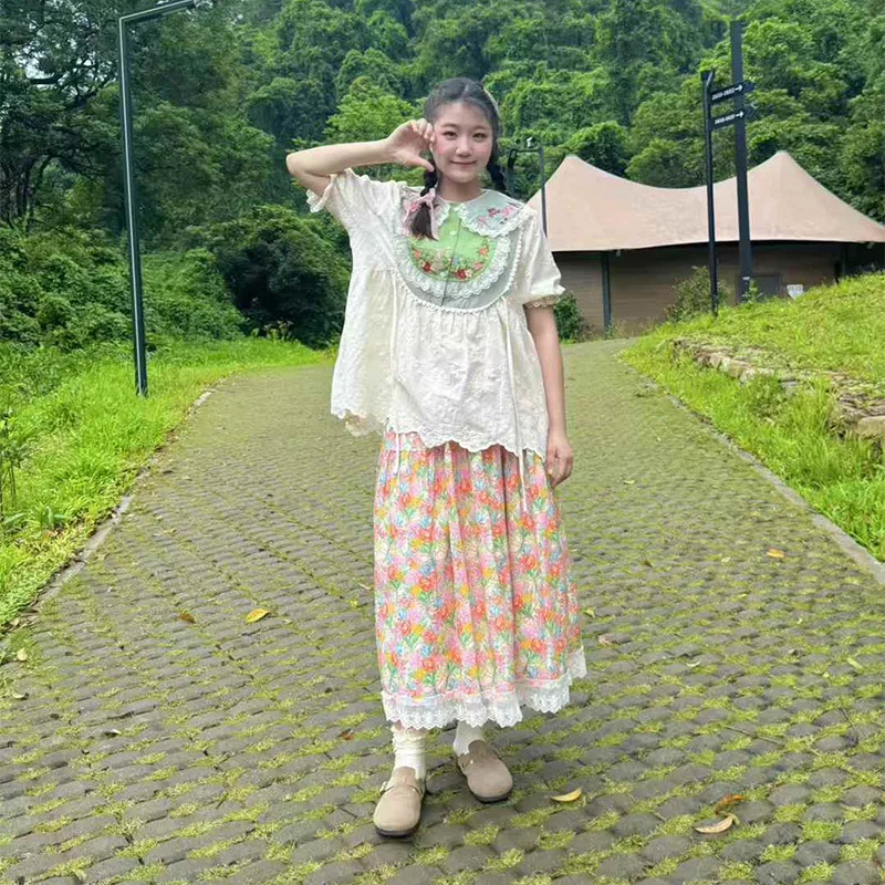 

Юбка миди с цветочным принтом, плиссированная, в винтажном стиле, корейская повседневная женская юбка из хлопка с эластичной высокой талией