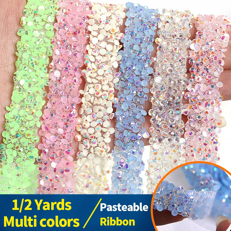 1/2 Yard Pasteable Resin Diamond Ribbon Jelly Color Self Adhesive Stickers Decoration Patches Tear And Stick  Rhinestone Belt