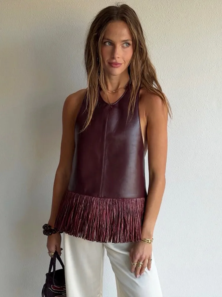 

Sexy Women's Tassel PU Leather Vest Backless Sleeveless Button Halter Tanks Female 2026 Summer Lady Street New Outwears