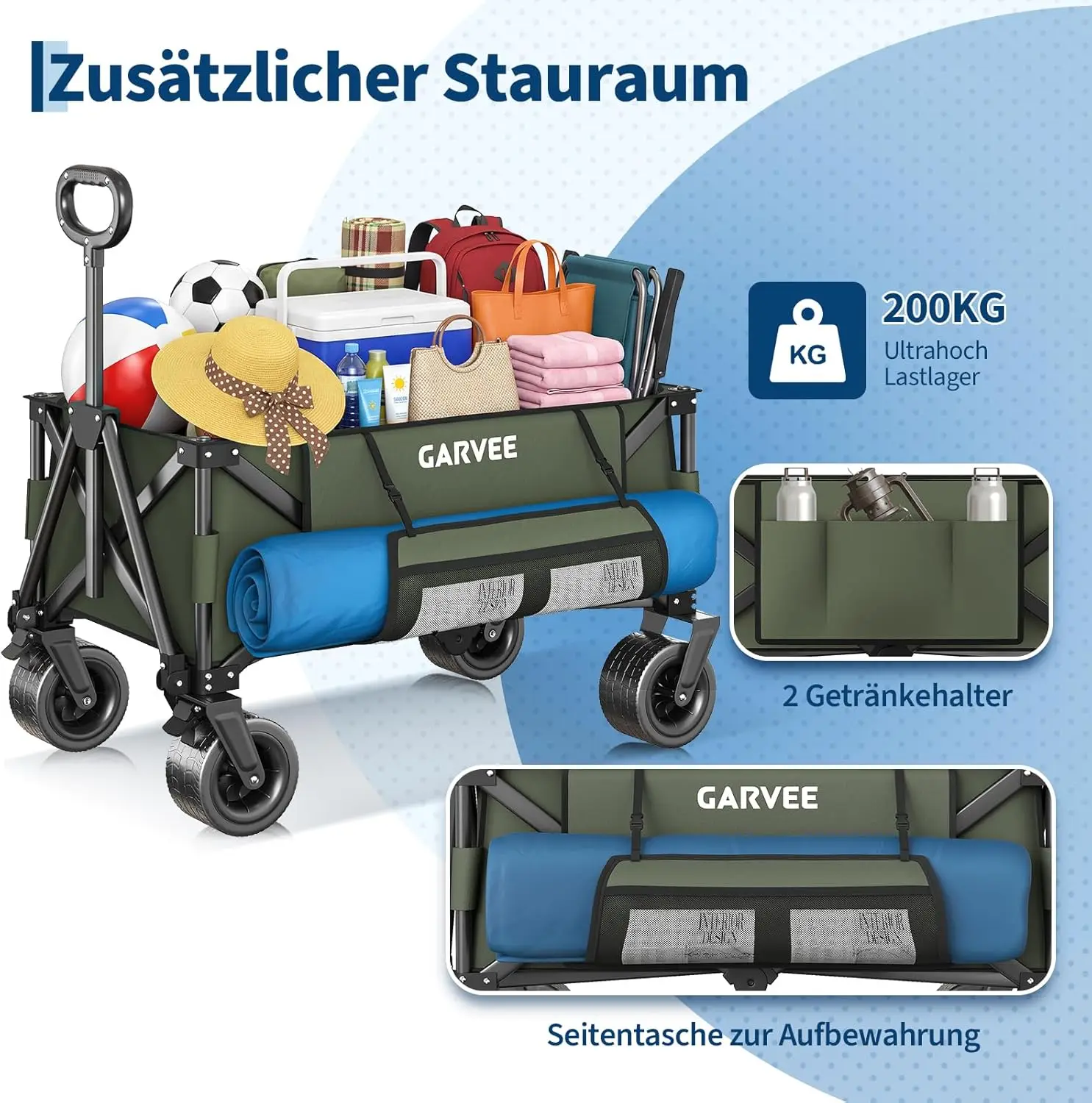 GarveeHome XXL Bollerwagen, faltbar, 200 kg belastbar & 200 l Volumen, Handwagen mit Bremsen & 20 cm Offroad-Rädern, klappbarer Transportwagen mit Seitentaschen für Strand, Camping & Garten, Grün