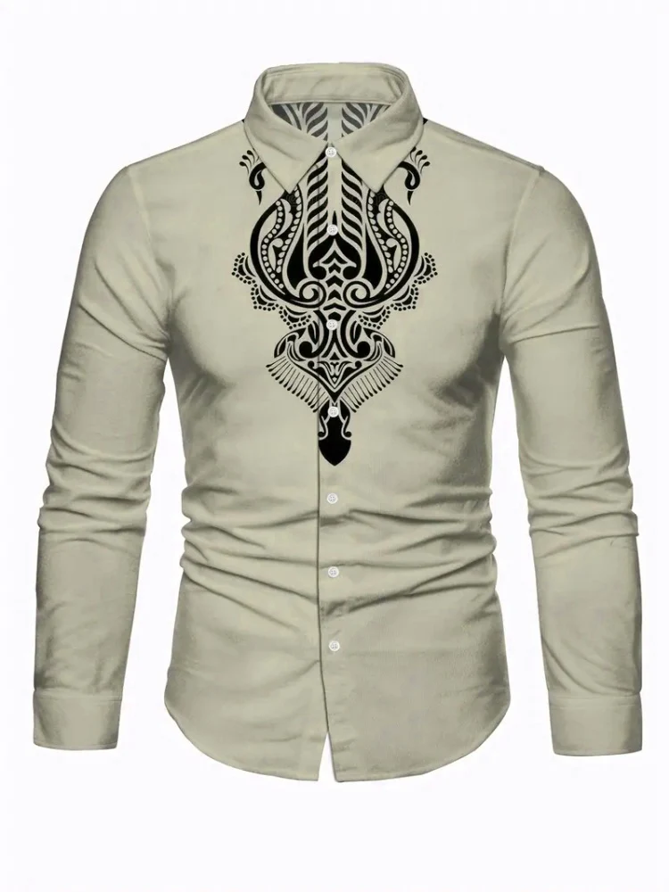 2025 Men's top Men's tribal totem long sleeve sleeve shirt button new shirt casual ethnic wind series men's top