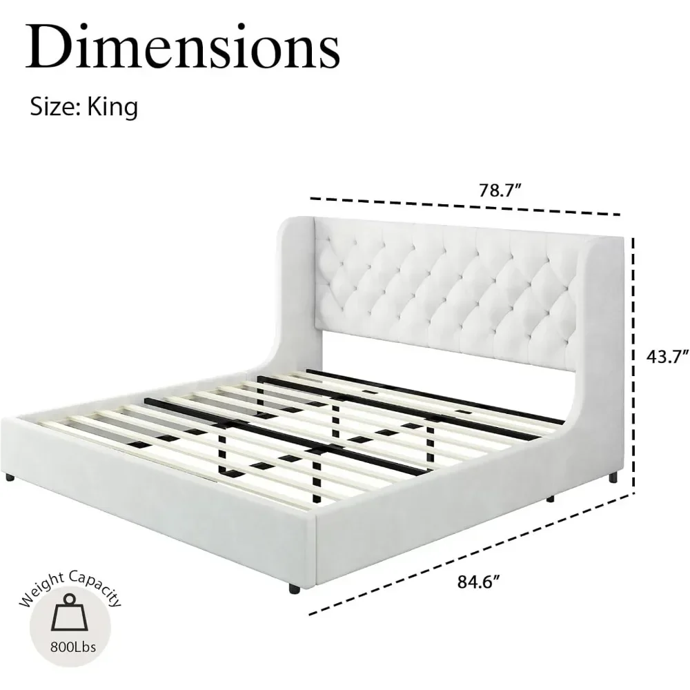 Cadre de lit King Size, lit King avec large planche de sauna touffetée en velours, support de lattes en bois robuste