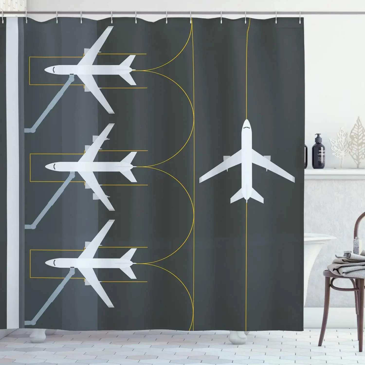 Airport Shower Curtain,Aviation Themed Illustration of Parked Airplanes Landed In Airfield,Polyester Fabric Bathroom Curtain Set
