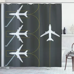 Airport Shower Curtain,Aviation Themed Illustration of Parked Airplanes Landed In Airfield,Polyester Fabric Bathroom Curtain Set