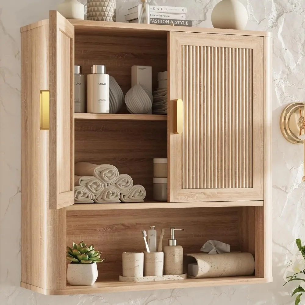 

Bathroom Storage Cabinet, Medicine Cabinet with Adjustable Wood Shelf & Doors, Over The Toilet Storage Cabinet for Laundry Room