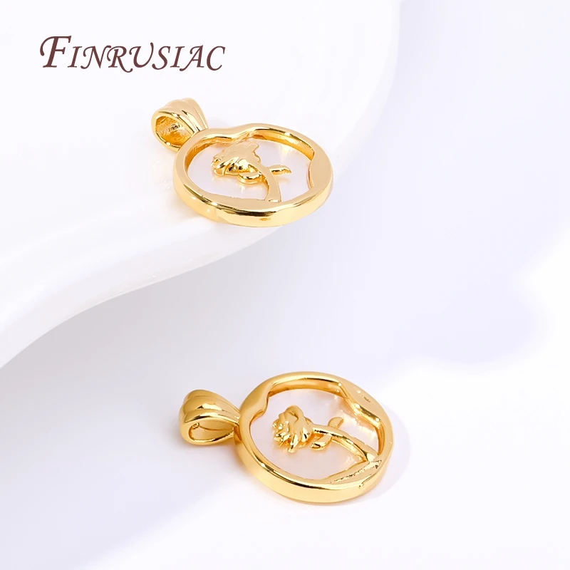 18K Real Gold Plated Rose Pendant Jewellery Making Supplies,Natural Shell Round Charms For DIY Necklace Making Crafts