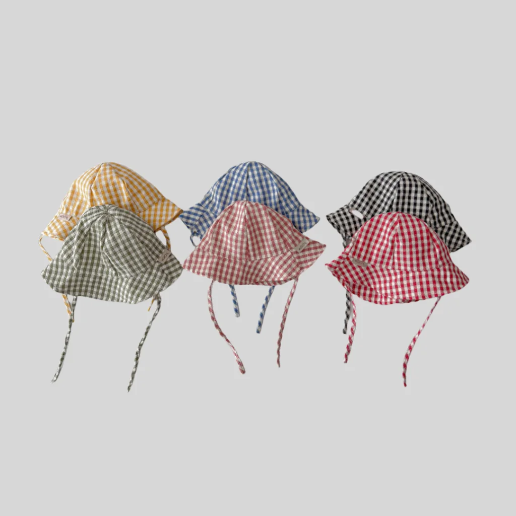 Ins Style Plaid Baby Bucket Hat Spring Summer Thin Wide Brim Sun Protection Cap with Adjustable Strap Infant Toddler Kids Hat