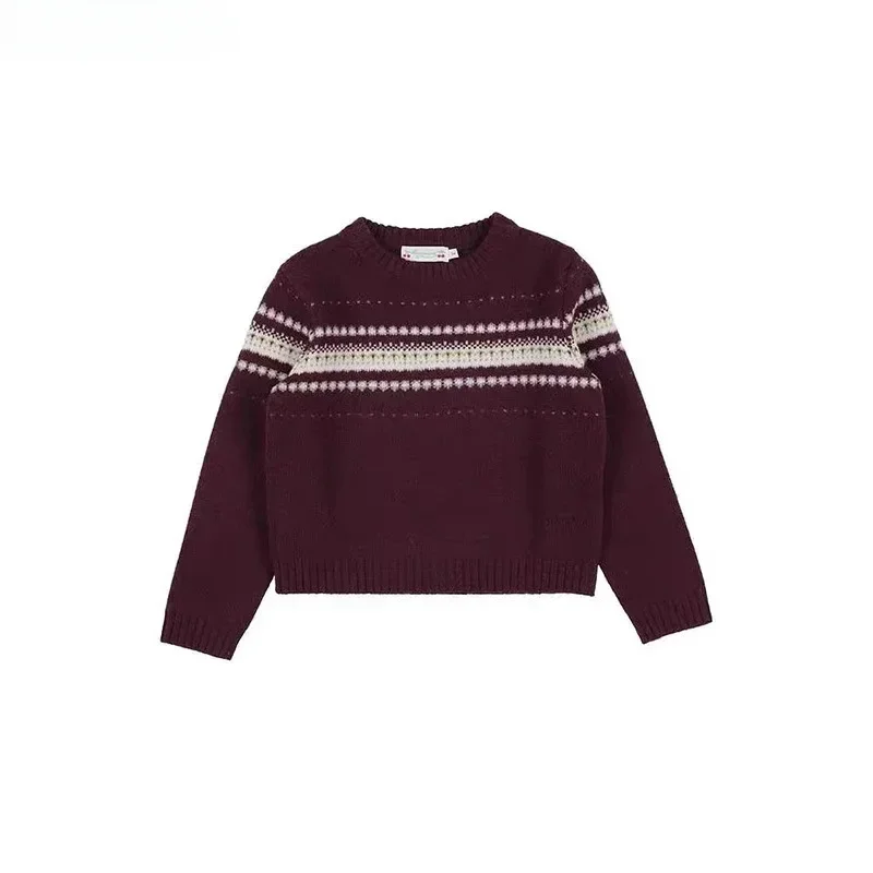 

2024 Christmas Knitwear Clothes Children's Crewneck Wine Red Pullover Sweater Girls Kids Wool Matching Autumn Outdoor Clothing