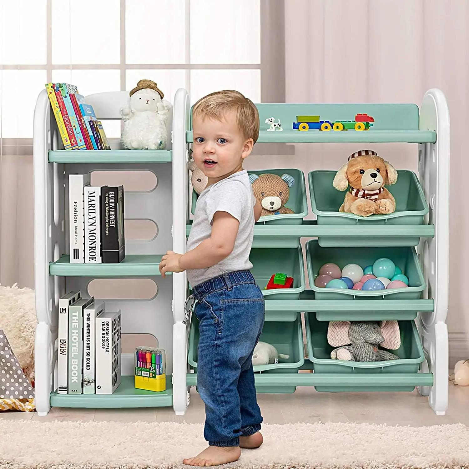 Kids Bookshelf with Toy Organizers and Storage, Multi-Purpose 4-Tier Shelf & 6 Removable Plastic Bins to Organize Books