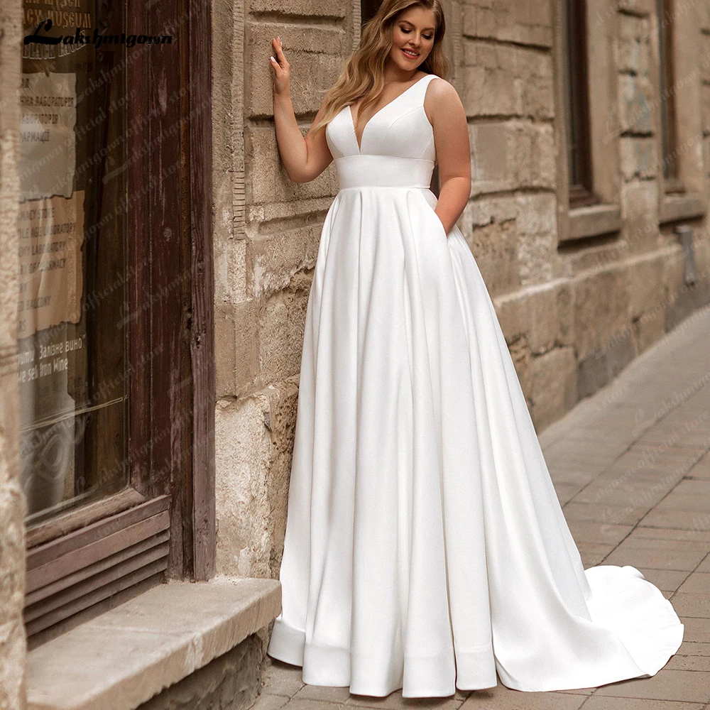 Lakshmigown Hochzeitskleider in Übergröße, Maßanfertigung, V-Ausschnitt, Schleppe, Rückenfrei, Vestidos De Novia, Damen-Brautkleid, Robe Mariee – Detail 4