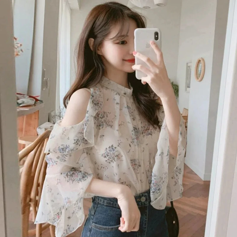 Large French Style Chic Ruffle Edge Off Shoulder Floral Chiffon Shirt with Women\'s Design Sense Niche Top