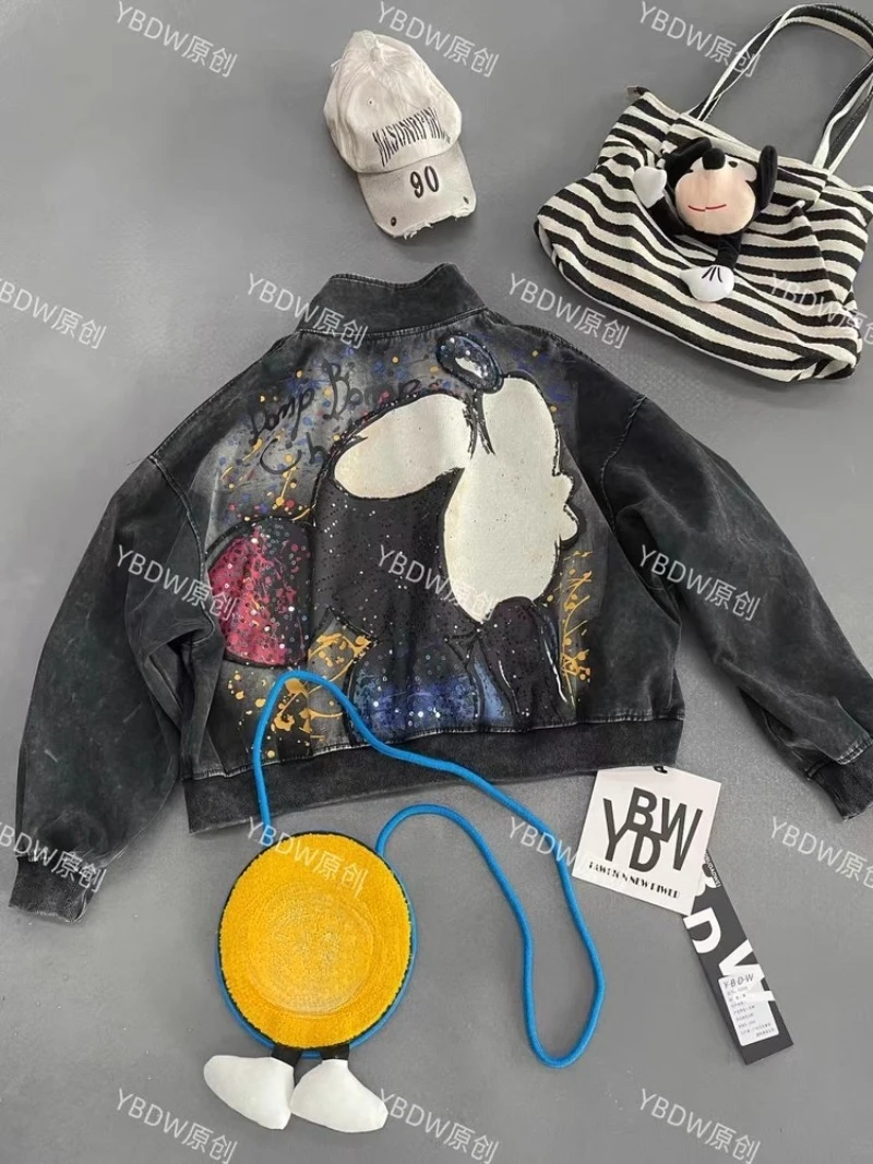 2025 New Autumn And Winter Stand-up Collar Hoodies Coat Fashion Heavy Industry Cartoon Loose Casual Sweatshirts Jacket Outerwear