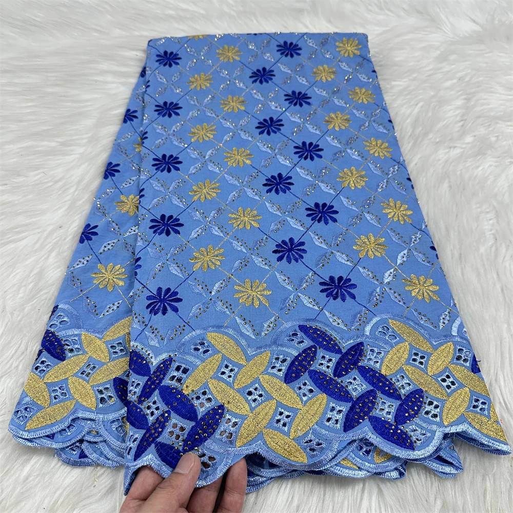 Swiss Voile Lace Embroidery Cotton Lace With Stones Nigerian Lace Fabrics For Party Dress 5 Yards