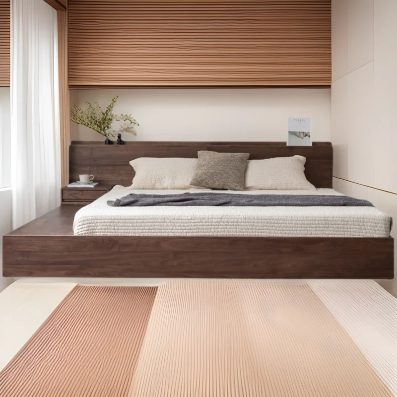 Nordic Japanese-style double oak solid wood tatami floor-to-ceiling short bed, simple modern wabi-sabi black walnut wedding bed