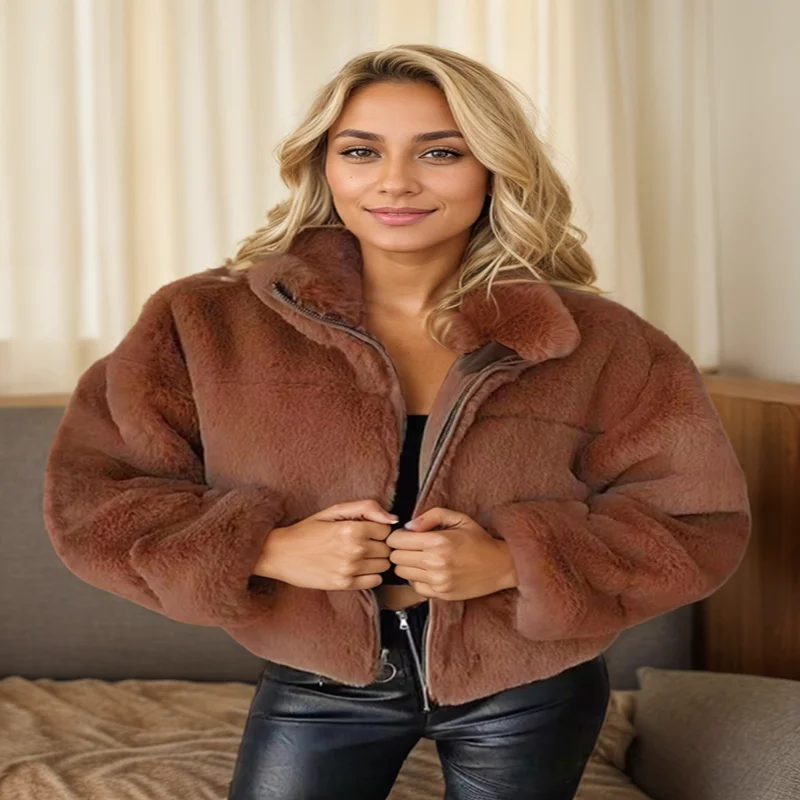 Women\'s Faux Fur Coats Elegant Solid Color Comfor Turn Down Collar Zipper Long Sleeve Jacket Fashion Plush Short Coats Female