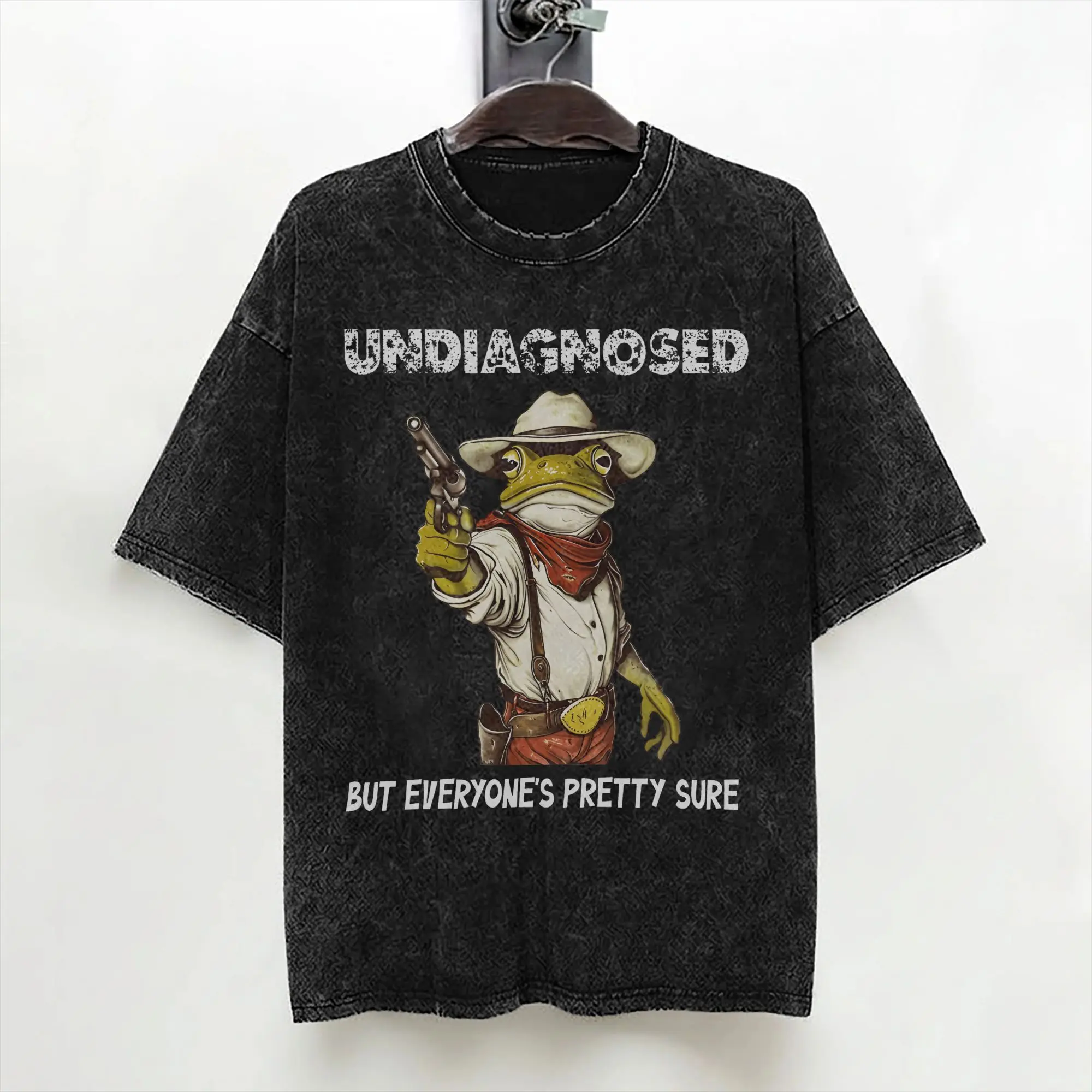Undiagnosed But Everyone's Pretty Sure Funny Cowboy Frog T Shirts Washed Cotton Oversize T-Shirts Vintage for Men Streetwear Tee