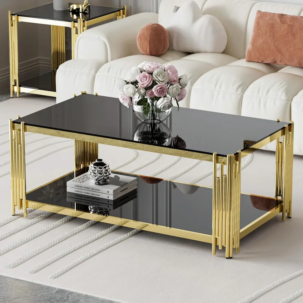 

Black Glass Coffee Table 43" Modern Living Room Table Gold Stainless Steel Metal Leg Rectangular Tempered Glass Luxury Center Ta