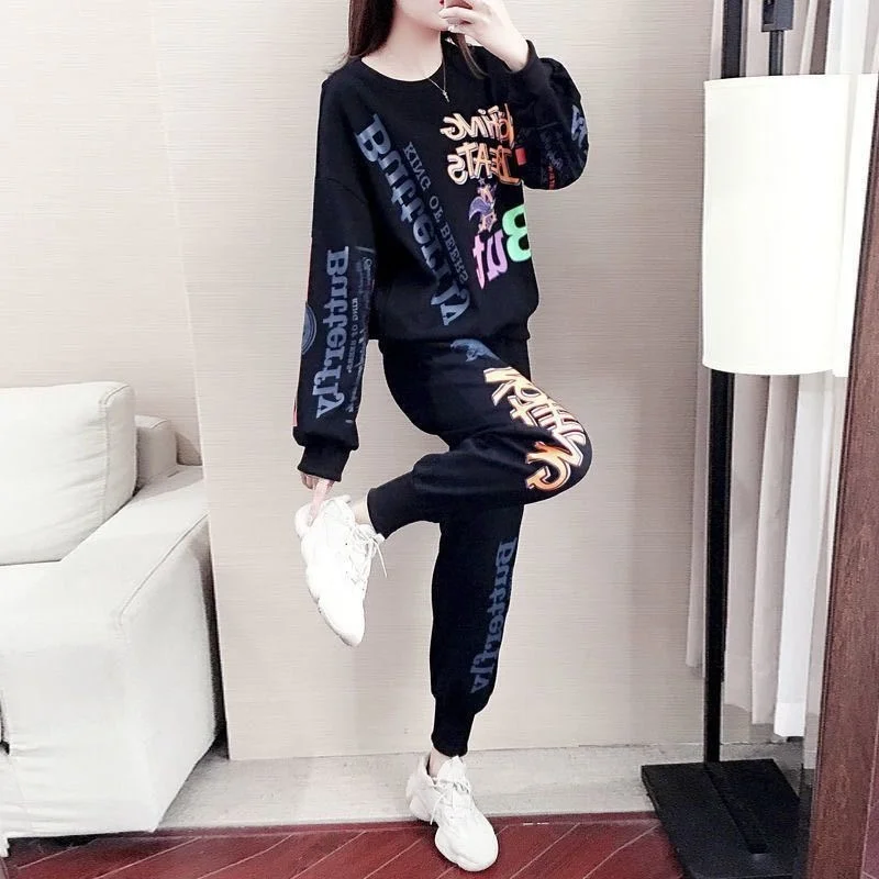Women\'s 2024 Spring Autumn New Fashion Tracksuit Casual Sweat Suit Loose Long Sleeved Top And Pant 2 Two Piece Sets For Women