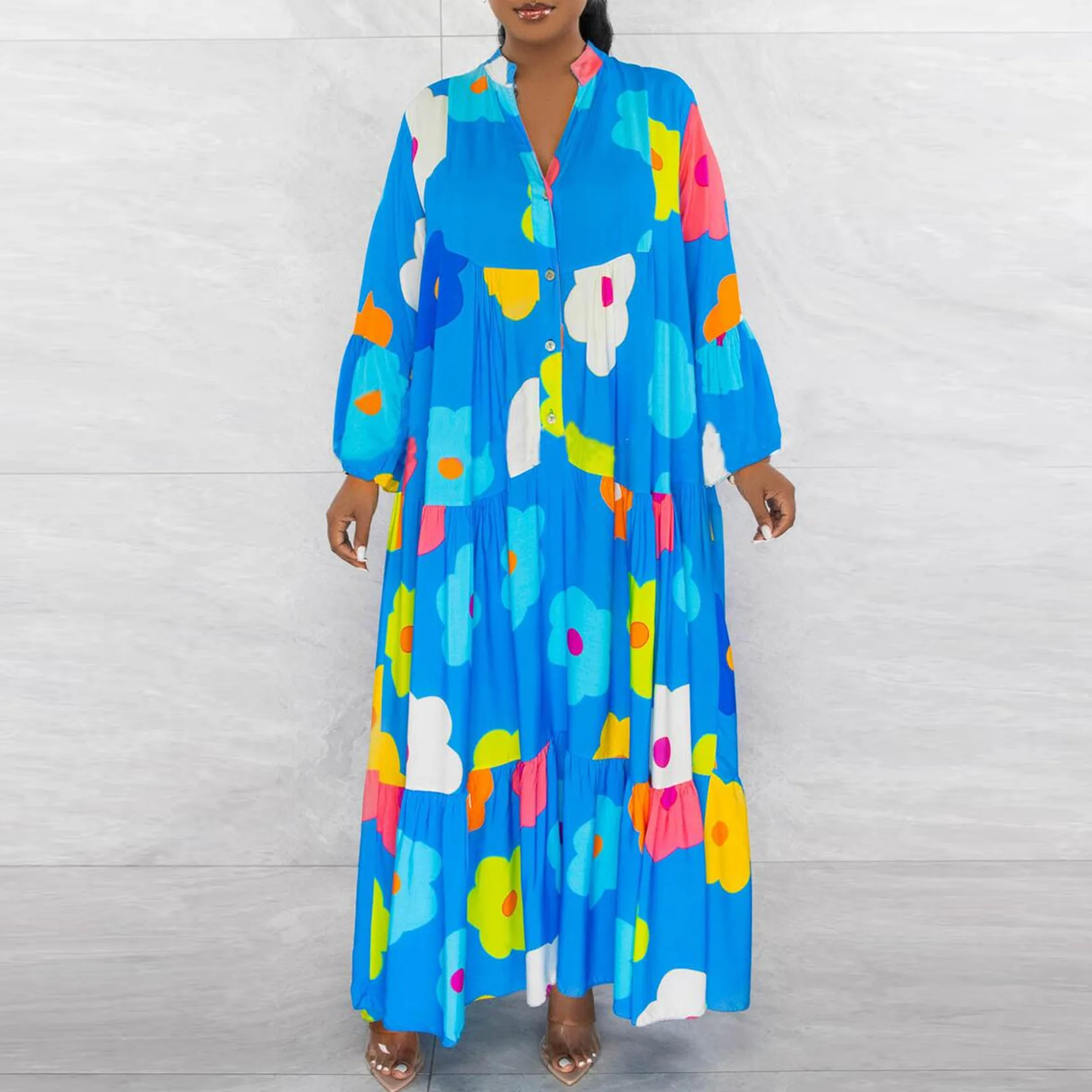 Robes Africaines Élégantes pour Femmes Printemps Automne Femmes Africaines À Manches sulfCol En V Polyester Imprimé Maxi Robe Afrique Vêtements S-3XL