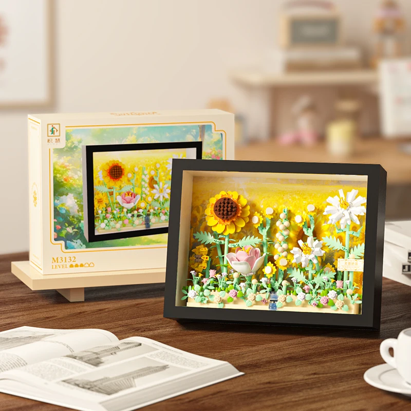 MOC Creatieve Bloemen 3D Frame Bouwstenen Set, DIY Bloemenpuzzel met Achterwand, Wand- & Bureaudecoratie Cadeau voor Meisjes & Kinderen