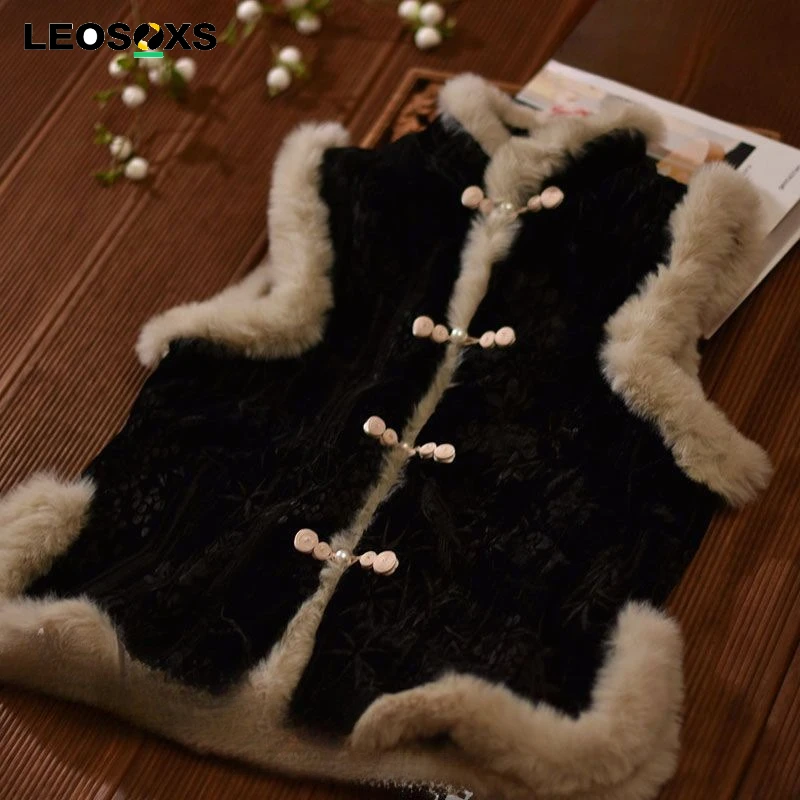 New Chinese Style Vest Women Black Thicken Velvet Traditional Sleeveless Overcoat Palace Button Cardigan Jacket Winter Tang Suit