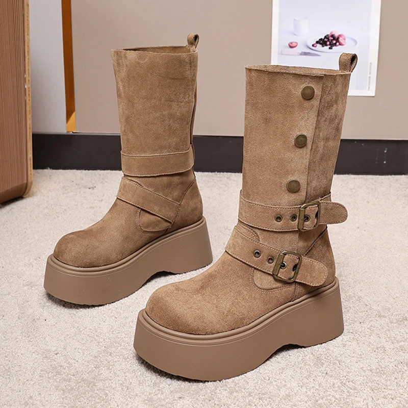 منتصف العجل النساء الأحذية أحذية منصة مسطحة تشيلسي الأحذية 2025 الشتاء مشبك أحذية مشي غير رسمية الجلد المدبوغ الثلوج بوتاس موهير Zapatos