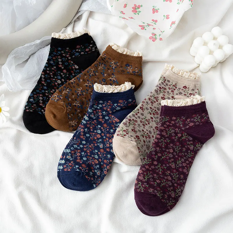 Chaussettes rétro à bords en dentelle florale, chaussettes courtes en coton, personnalisées, ins sweet, université, nouveau produit, printemps et