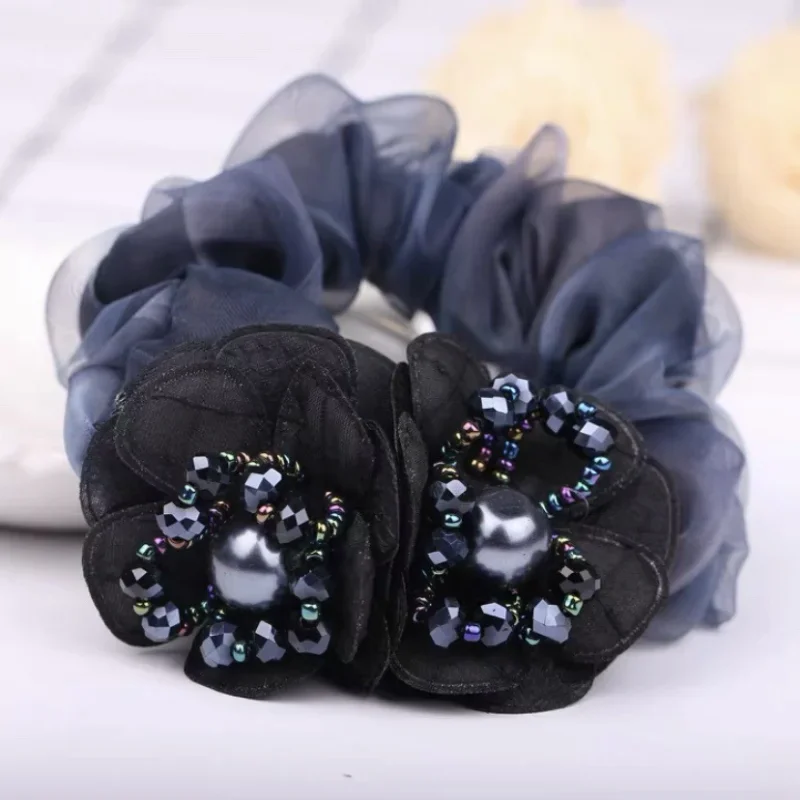 Elegant Ladies Crystal Flower Hair Rope Fashion Elastic Large Lace Hair Scrunchies Ties With Faux Pearl For Women Girls Headband