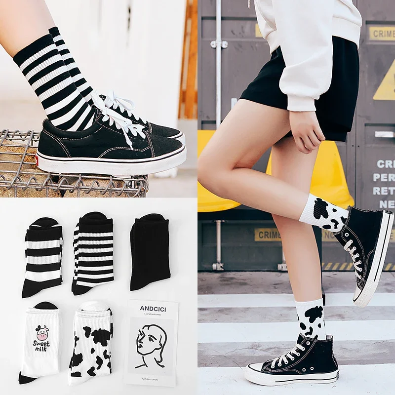 Black White Cow Cartoon Socks Women Harajuku Sweet Kawaii Tube Socks Happy Novel Funny Cotton Socks Men Gifts For The Holidays