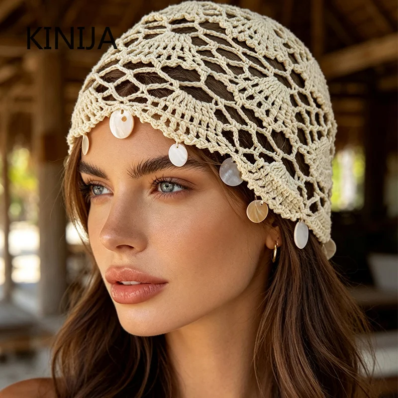 New Shell Disc Tassels Hand-woven Beanies Cap for Women Spring Summer Travel Breathable Versatile Elegant Retro Pullover Hats
